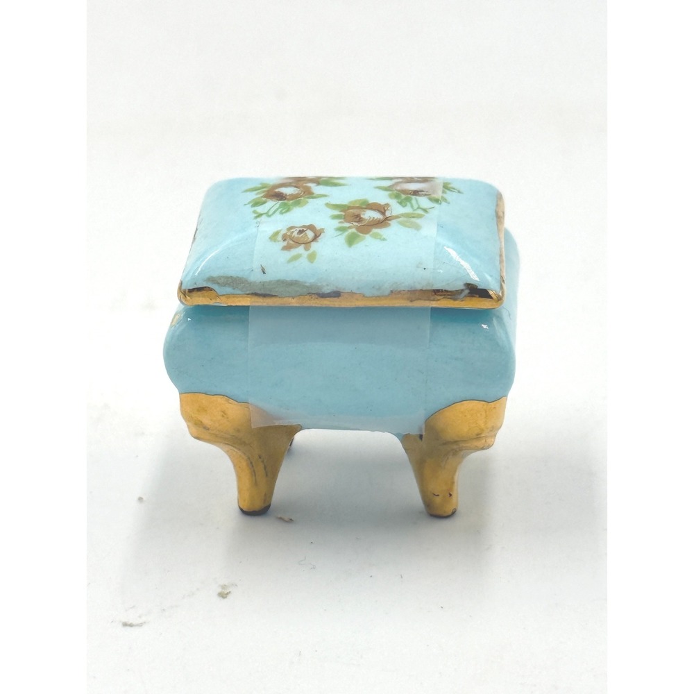 Trinket Box HandPainted Footed Miniature Blue Floral Porcelain Miniature Case